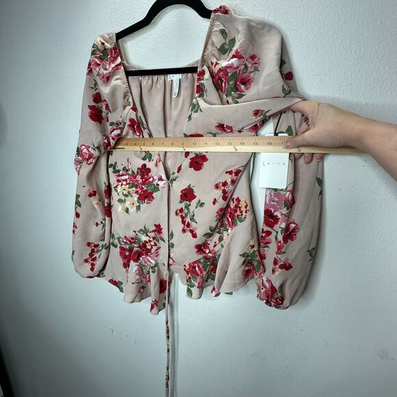 NWT Leith Pink Adobe Taupe Pink Red Floral Print Bell Sleeve Ruffle Wrap Top S - Picture 4 of 14